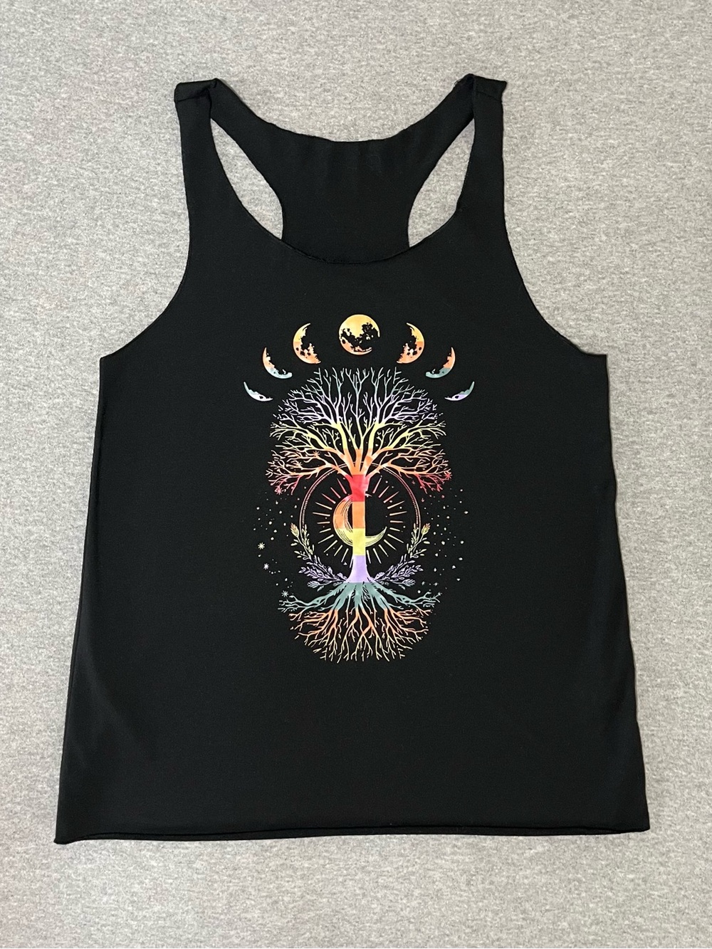 🌙 SHEIN Black Racerback Tank w/ Multicolor Tree & Moon Graphic | Women’s Sz Sm